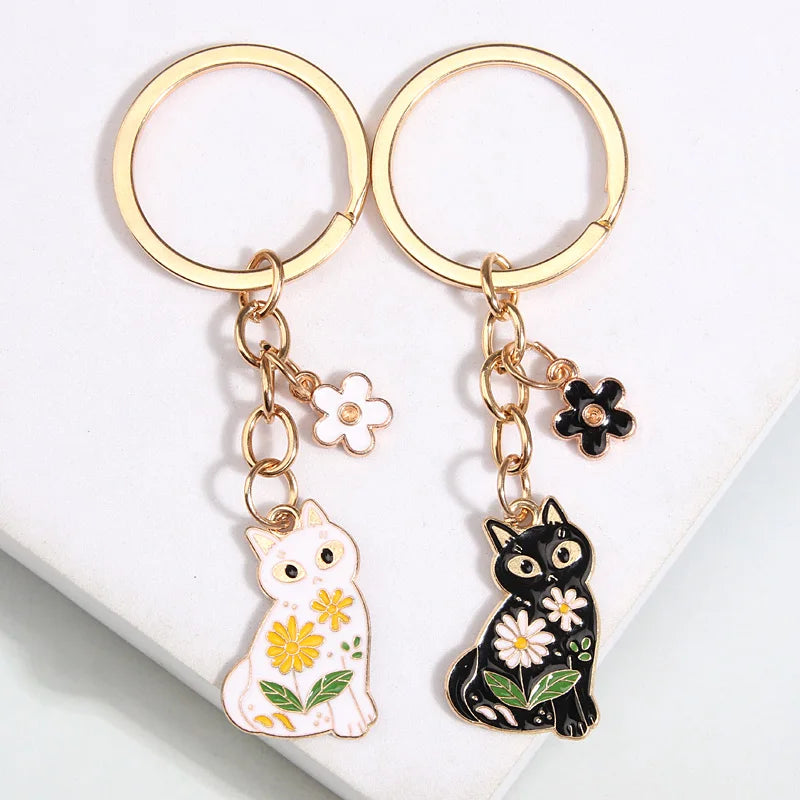 Cute Flower Cat Metal Enamel Keychain (sold as a set)