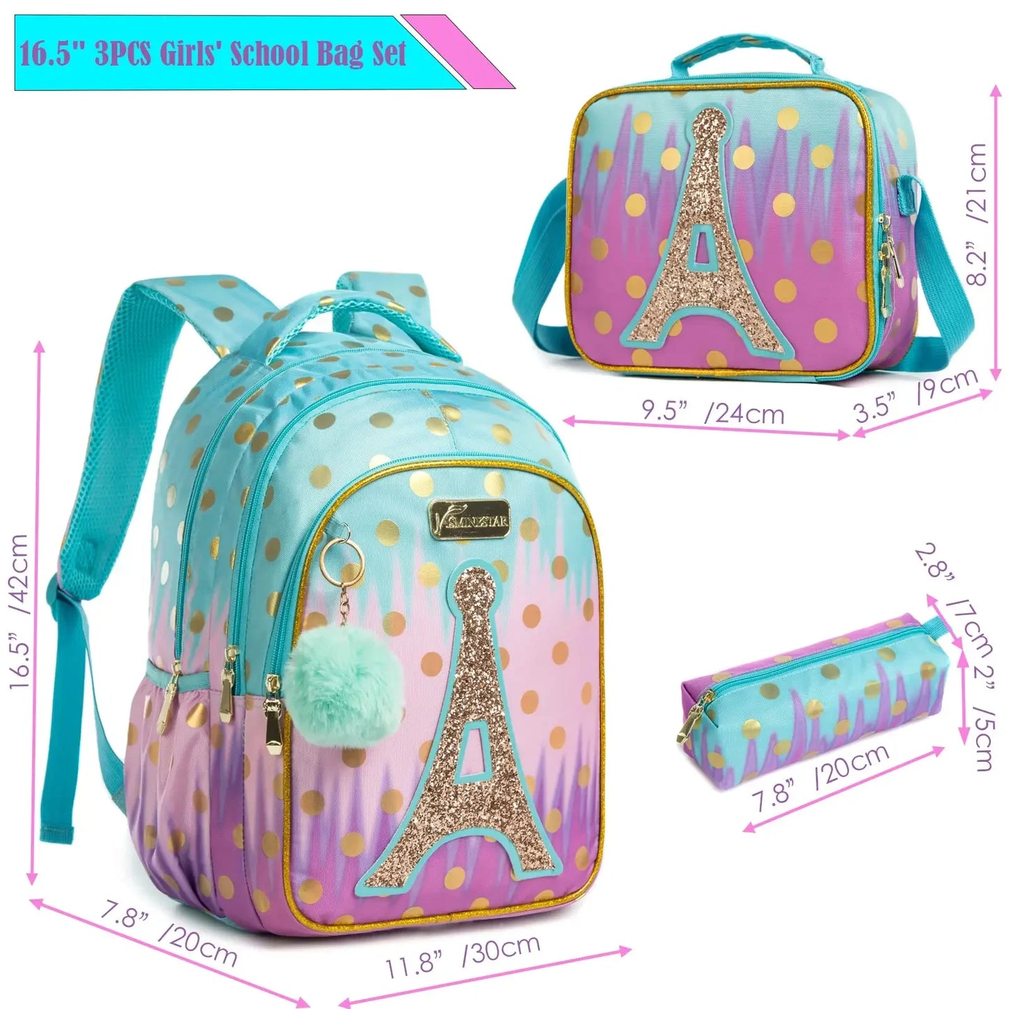 Glitter & Gold Eiffel Towel 3-in-1 16.5" Waterproof Backpack Set