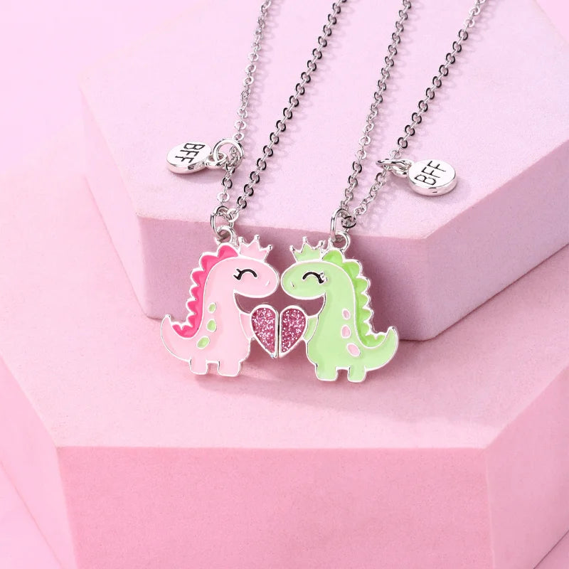 Cute Dinosaur Heart Magnetic Pendant Best Friends Necklace (Dino-Lover Jewelry)