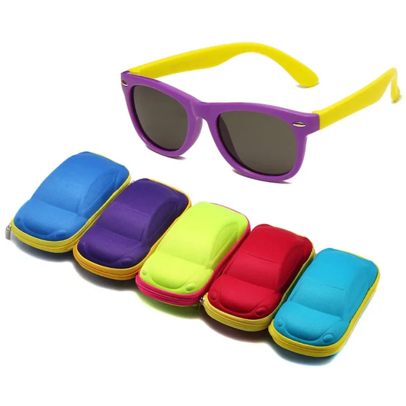 Kids Silicone Polarized Sunglasses with 3D Car Shape Case