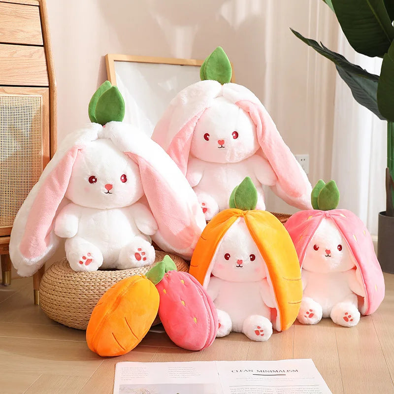 Super Soft Reversible Strawberry Carrot Bunny Stuffed Animal Plushie Pillow (with Zipper)