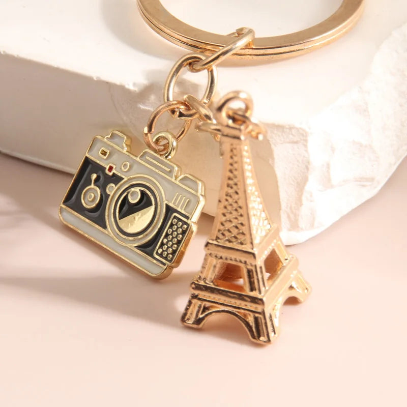 Vintage Camera Eiffel Tower Metal Enamel Keychain