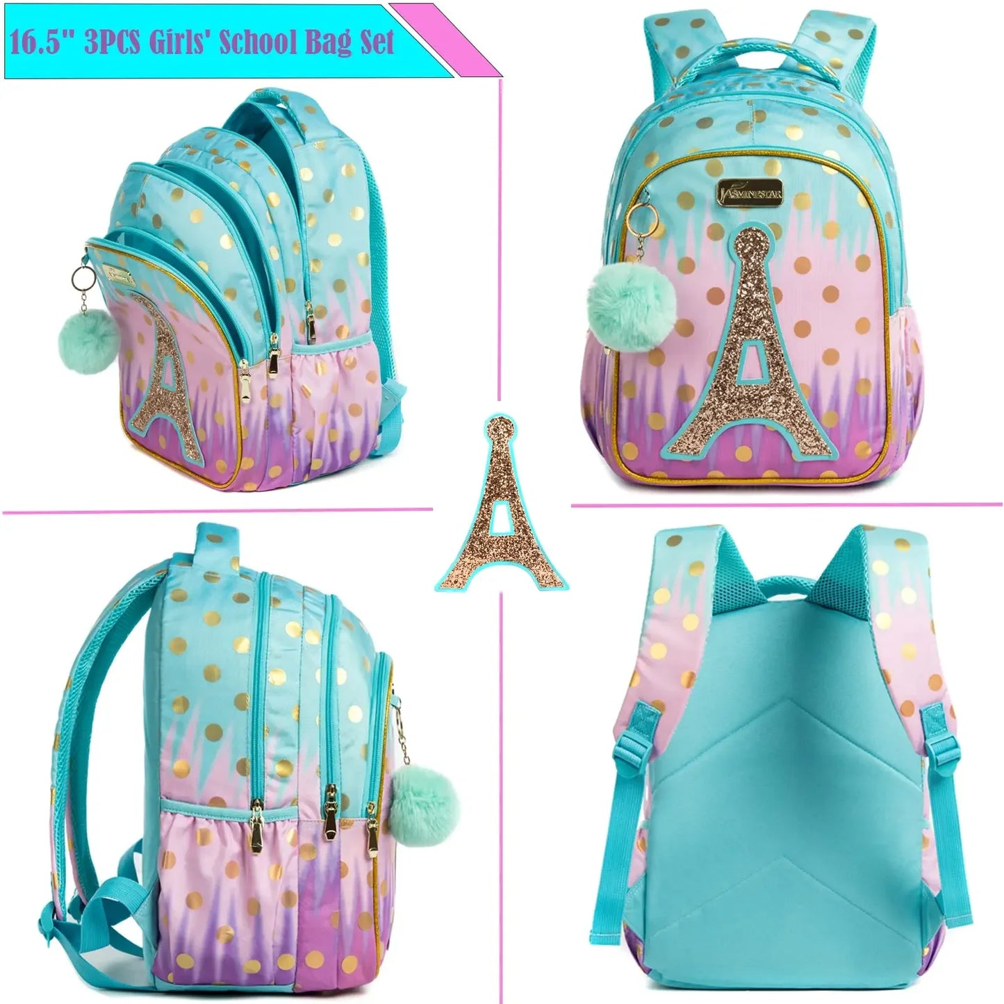 Glitter & Gold Eiffel Towel 3-in-1 16.5" Waterproof Backpack Set