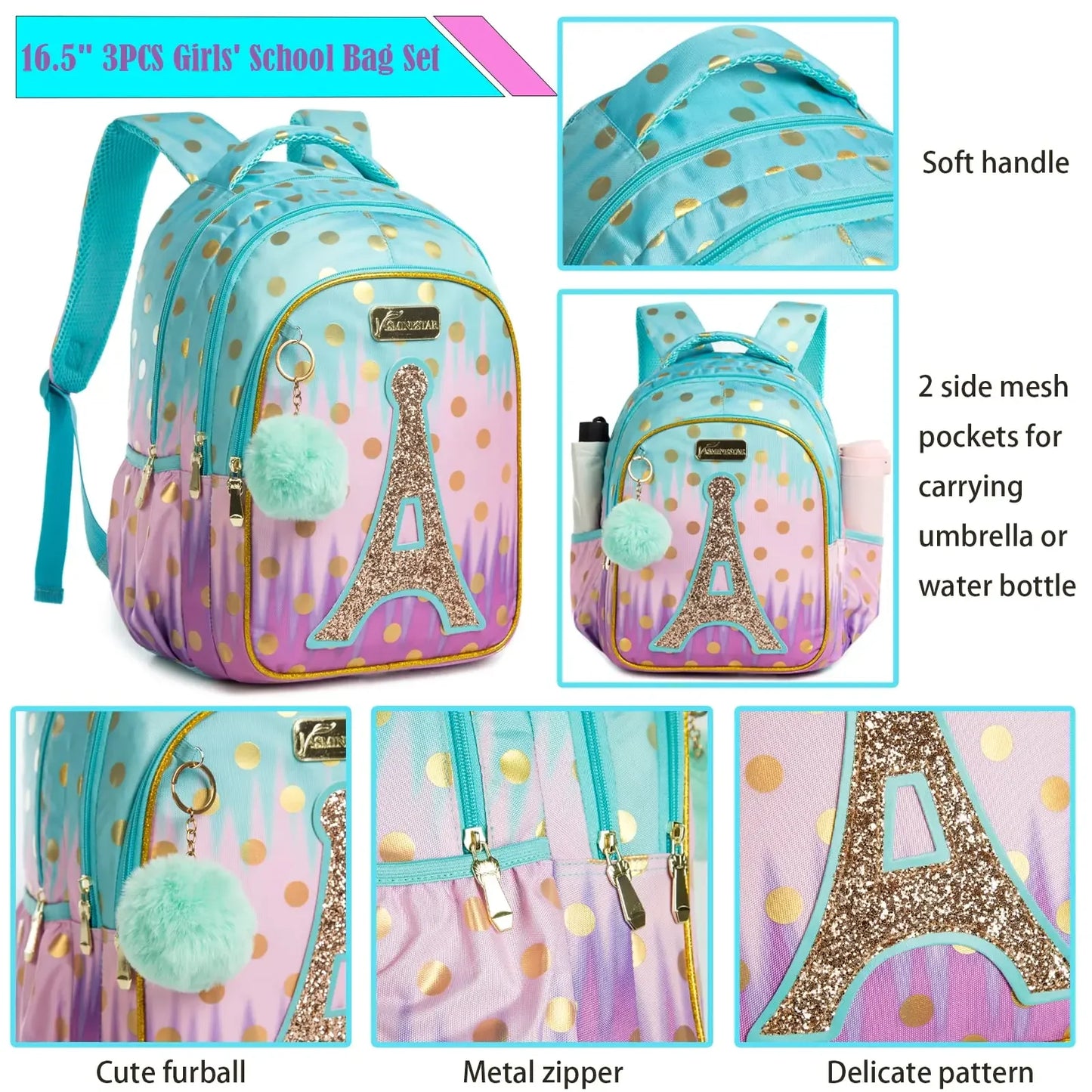 Glitter & Gold Eiffel Towel 3-in-1 16.5" Waterproof Backpack Set