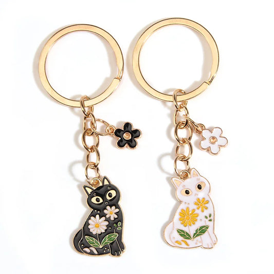 Cute Flower Cat Metal Enamel Keychain (sold as a set)